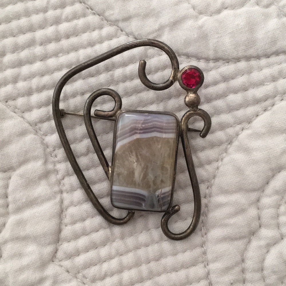 Vintage Abstract Sterling Silver Pin Natural Stone